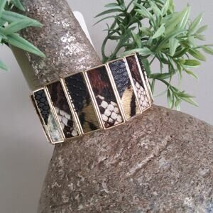 Gold Tone Stretchy Animal Faux Leather Cuff Bangle Bracelet